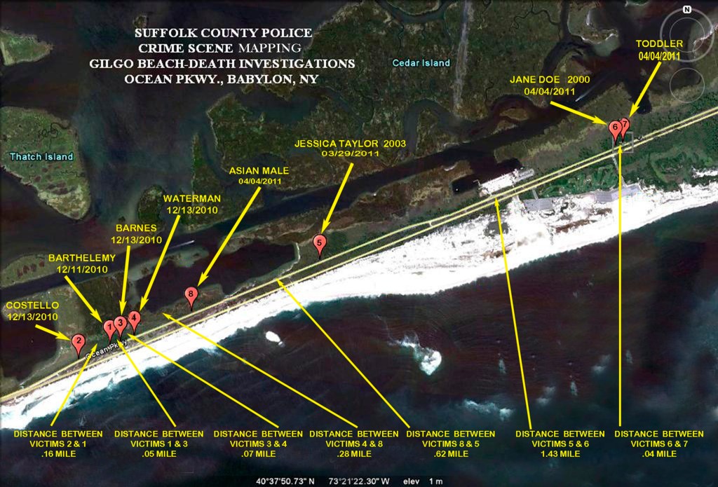 Map showing locations of eight Gilgo Beach bodies.