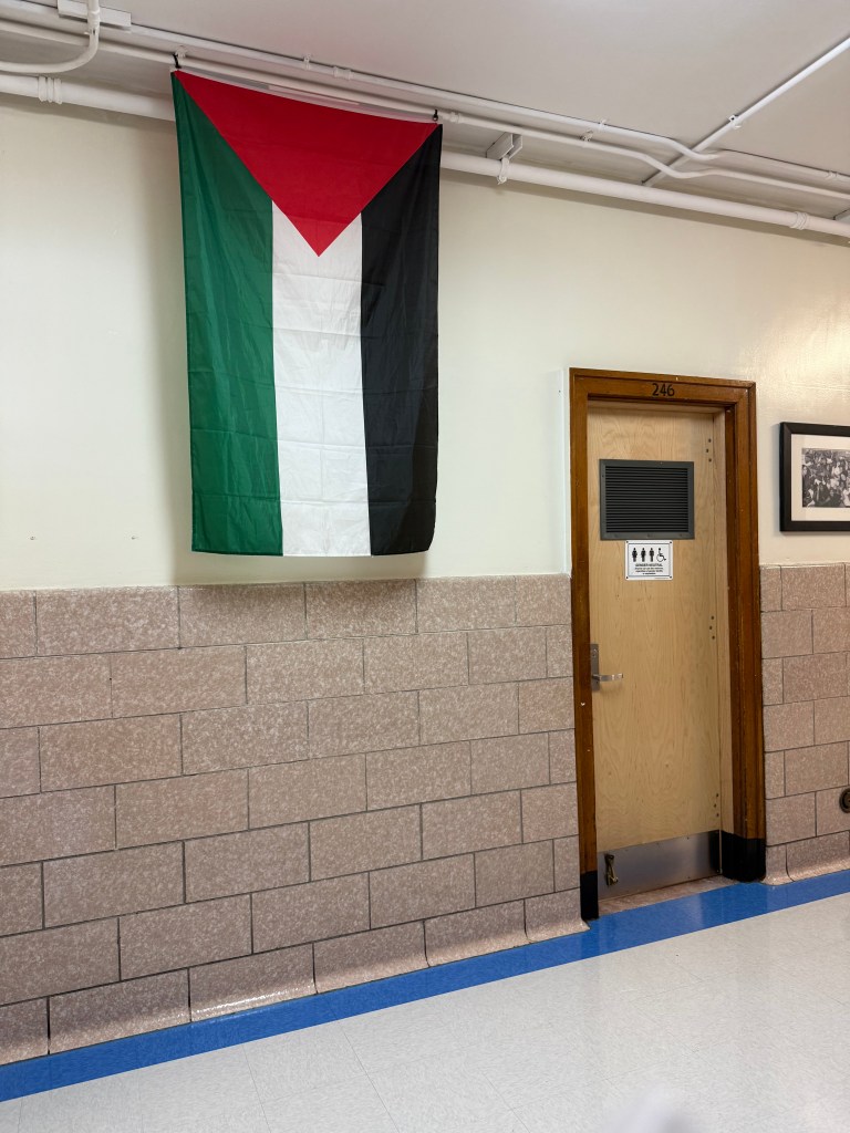 A Palestinian flag hanging in a hallway at Leaders High School, a small school in the Lafayette campus in Brooklyn.