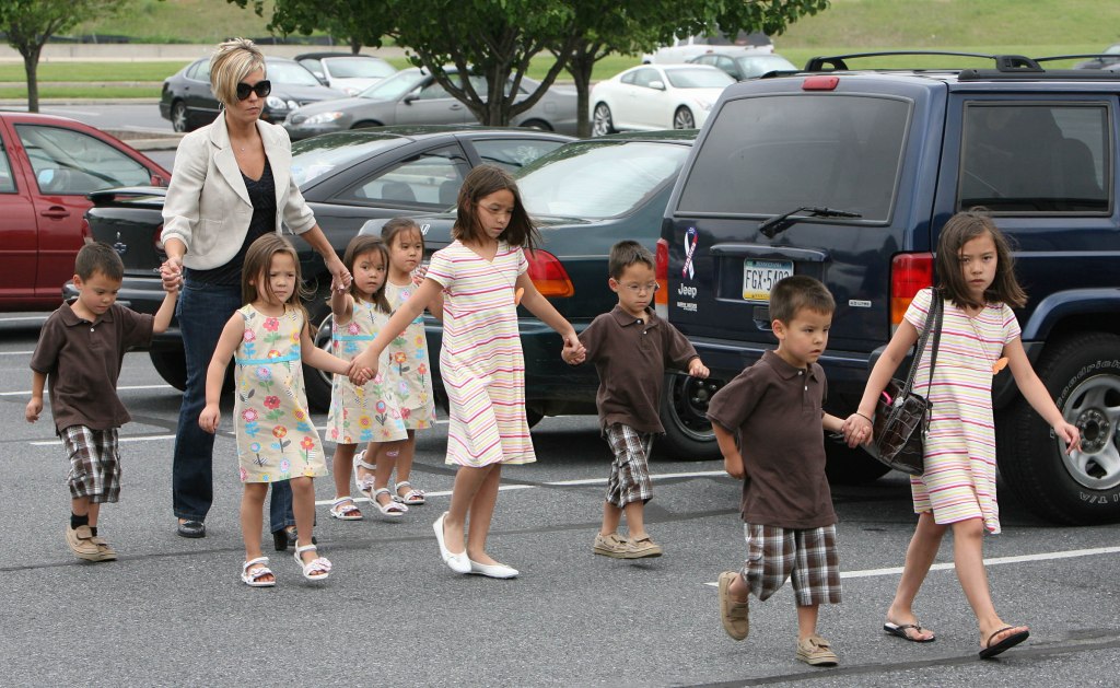 Kate Gosselin out with all her kids going to Party City to pick up birthday supplies in Reading, PA.
