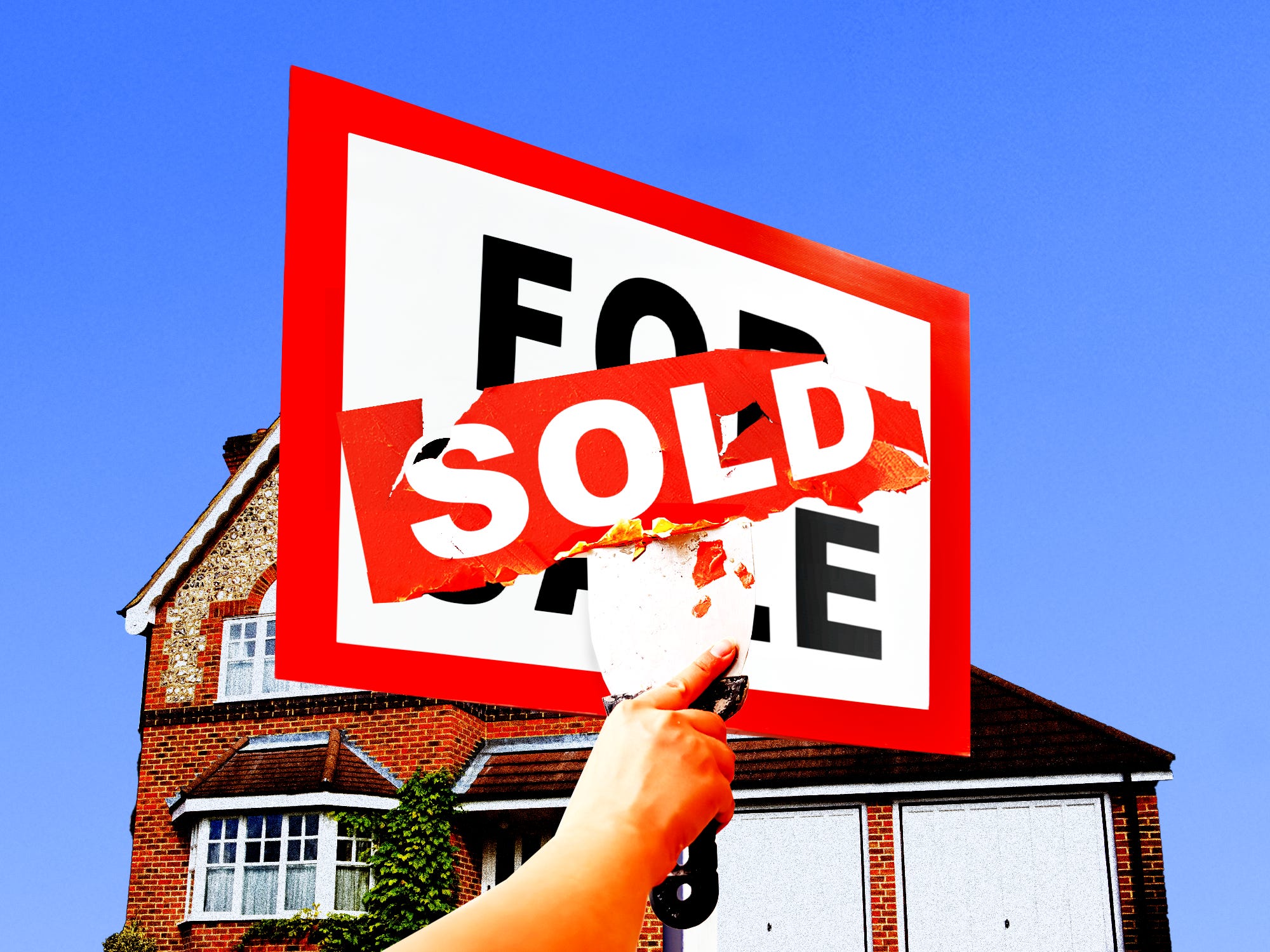 A house with a 'For Sale' sign in front and a hand is using a spatula to scrape off a 'Sold' sticker from the sign.