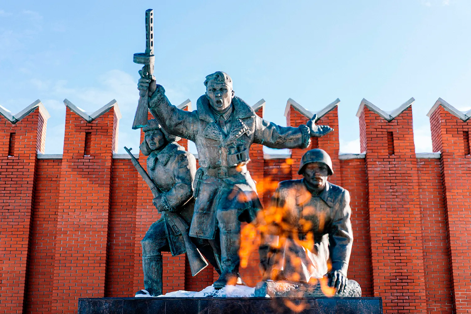 A World War II monument depicts Soviet soldiers