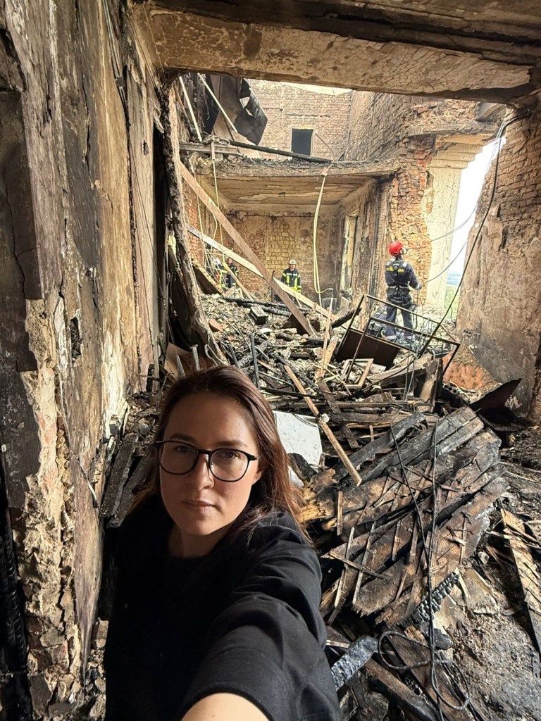 Selfie of Ukraine's Prime Minister Yulia Svyrydenko in a damaged government building.