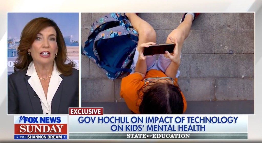 Gov. Hochul on Fox News discussing cellphone ban in schools and its impact on children's mental health.