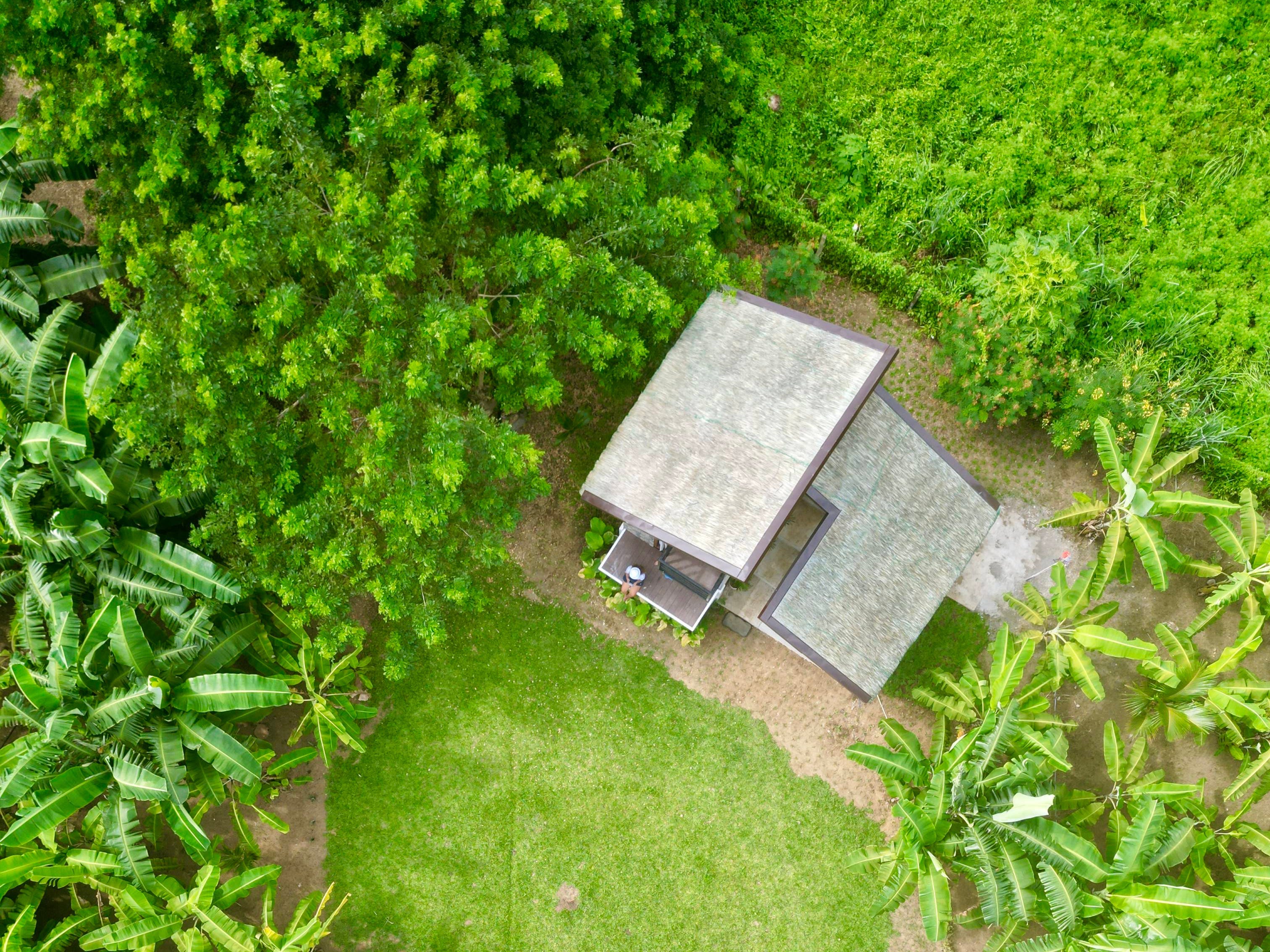 An aerial photo of the tiny house and the surrounding landscape.