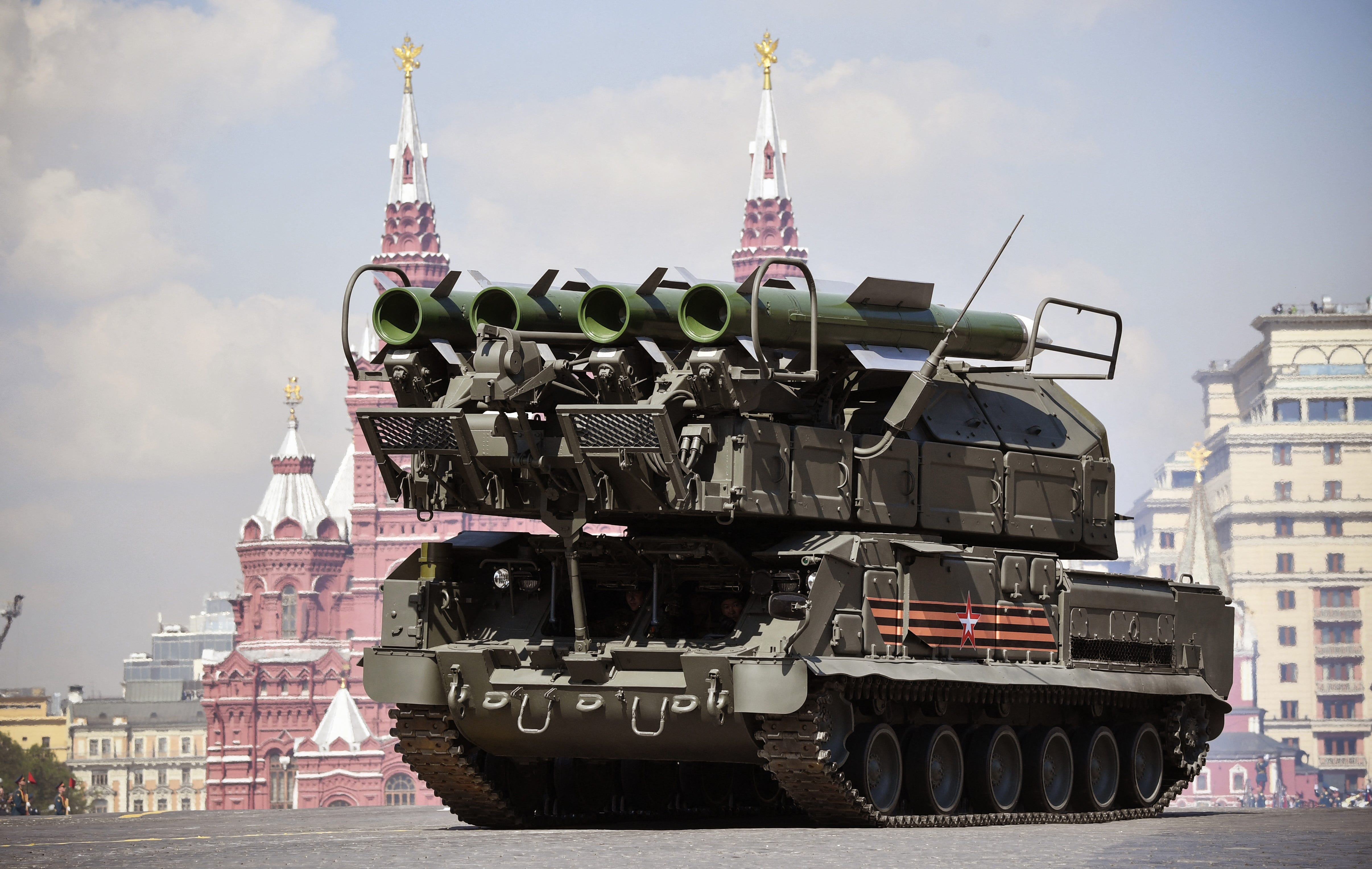 A Russian Buk-M2 missile launcher drives at the Red Square in Moscow.