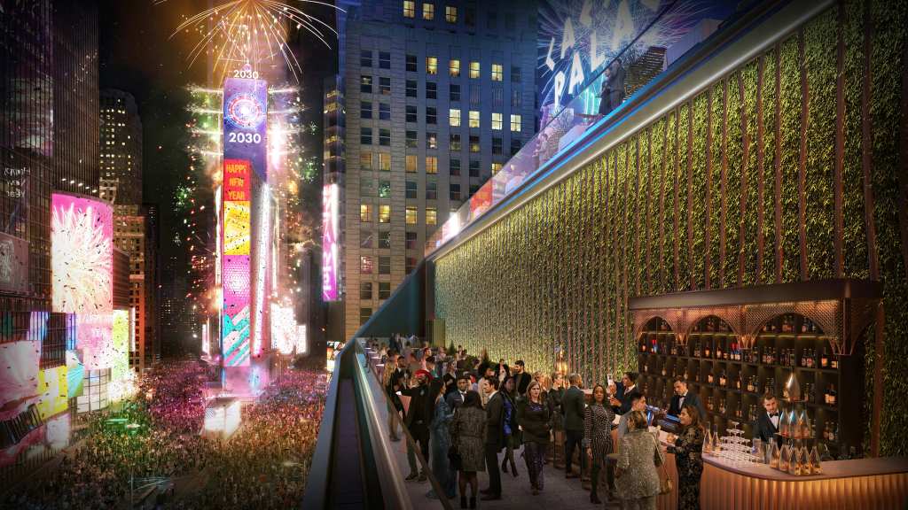 Rendering of Caesars Palace Times Square rooftop bar overlooking a New Year's Eve celebration in Times Square.