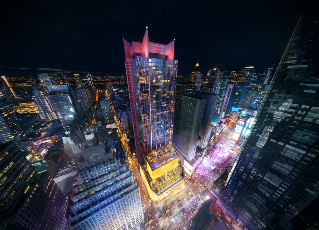 Aerial view of Caesars Palace Times Square project at night.