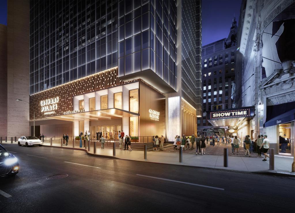 Illustration of Caesars Palace Times Square hotel entrance at night.