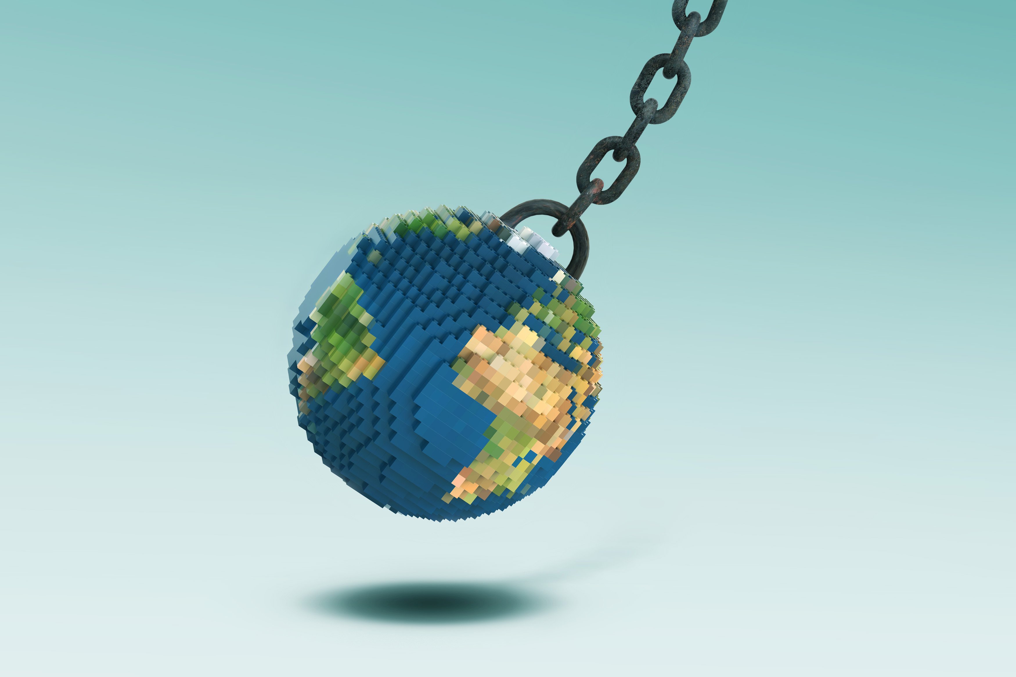 An illustration shows a globe-shaped wrecking ball swinging.