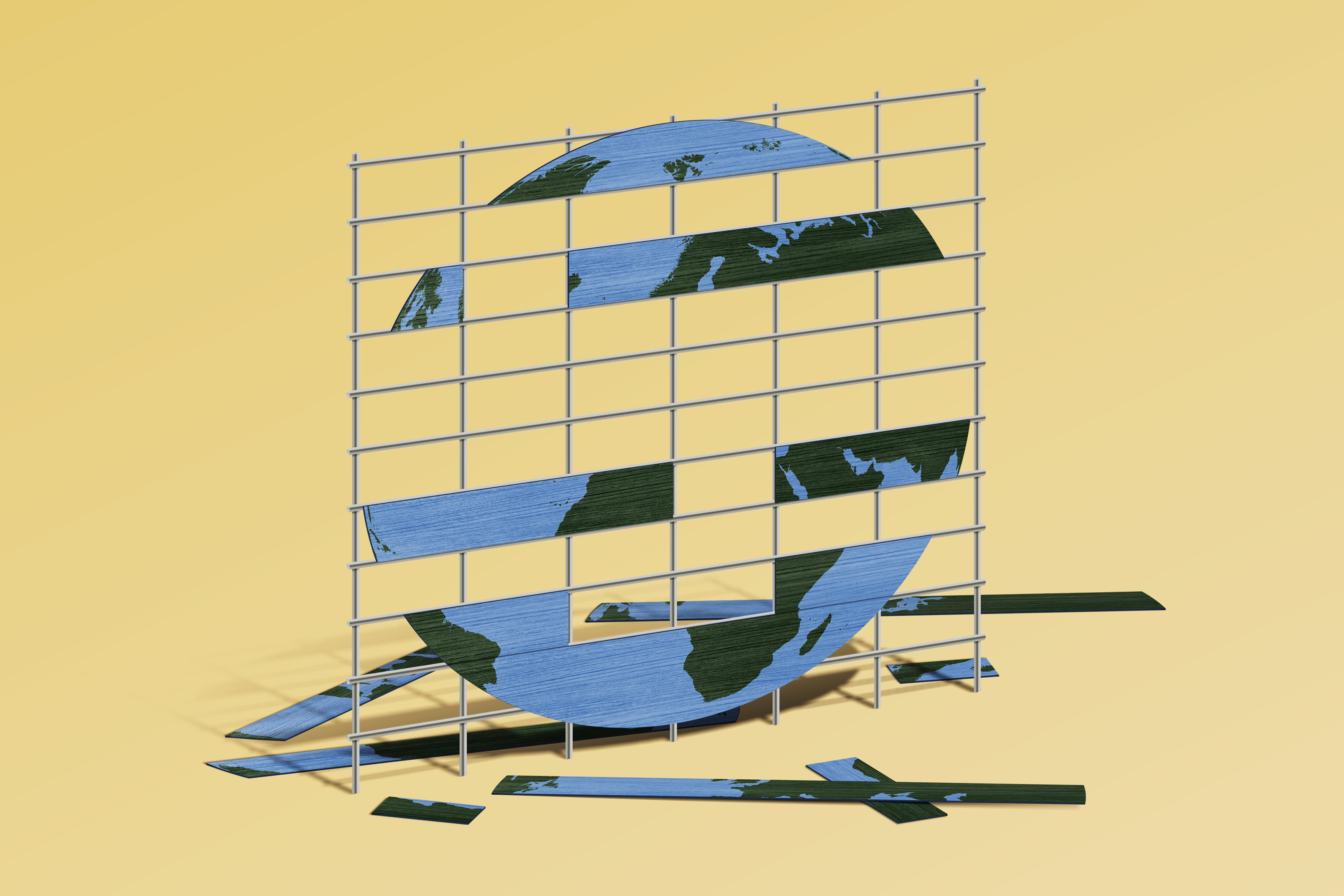 An illustration shows a broken globe on a scaffolding.