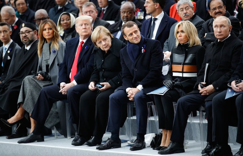 In November 2018, First lady Melania Trump, President Donald Trump, German Chancellor Angela Merkel, French President Emmanuel Macron, French first lady Brigitte Macron, and Russian President Vladimir Putin attended a ceremony in Paris marking the 100th anniversary of the 11 November 1918 armistice, ending World War I.