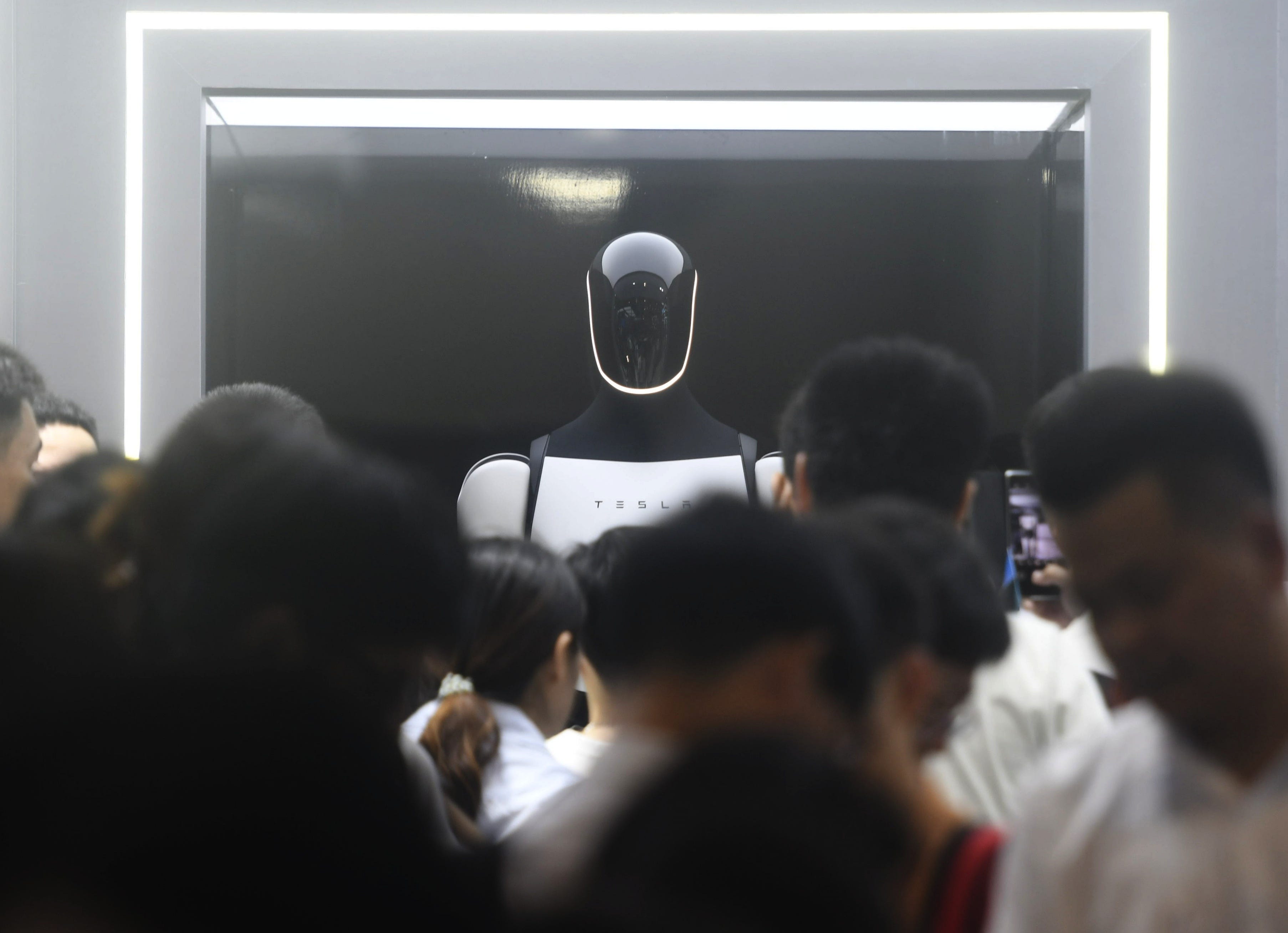 A Tesla Optimus robot at the World Artificial Intelligence Conference in China in July 2025.
