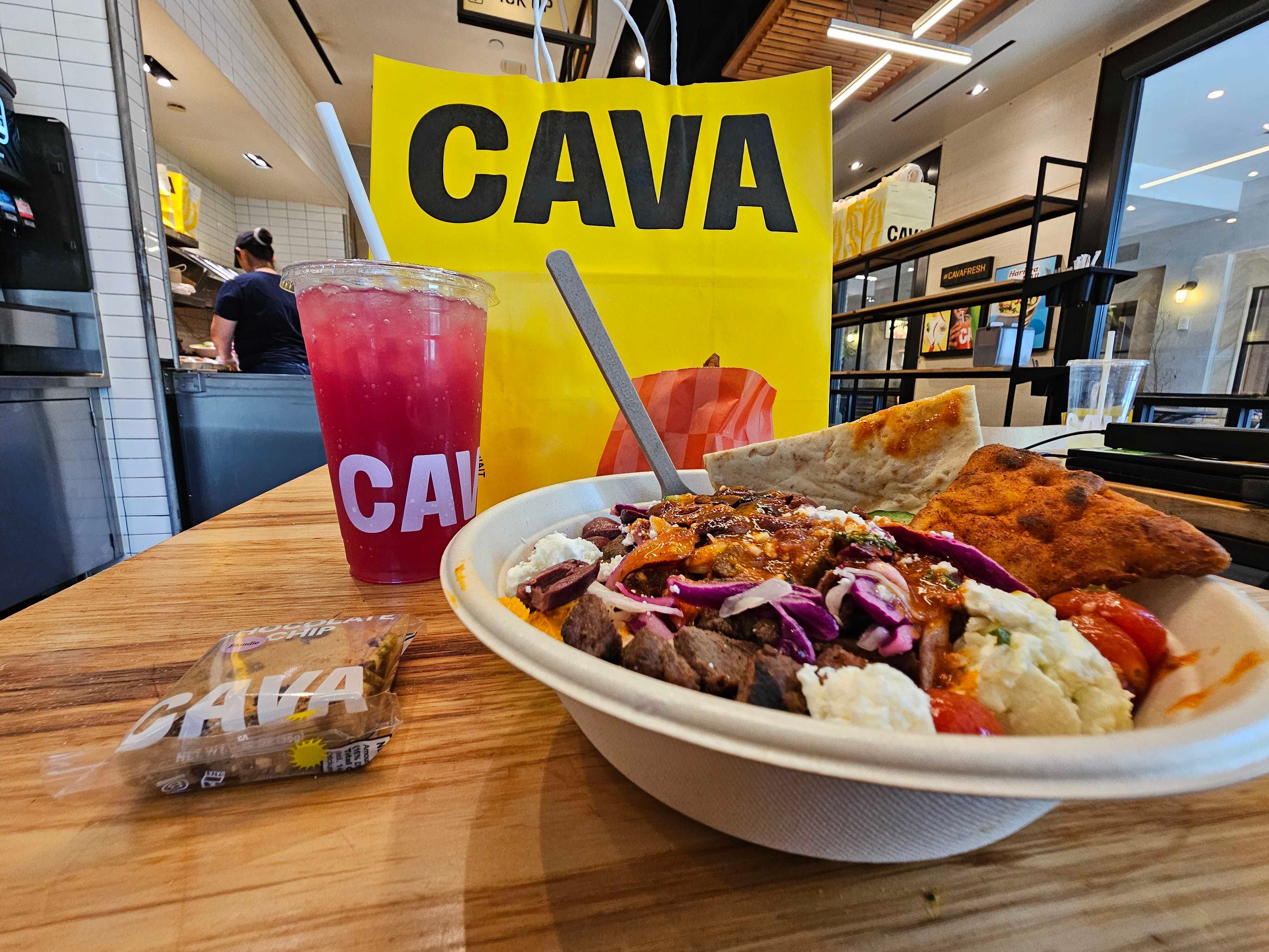 A close-up of a Cava steak bowl.