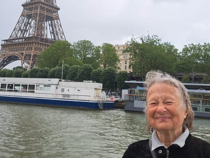 The writer's pen pal on a cruise near the Eiffel Tower.
