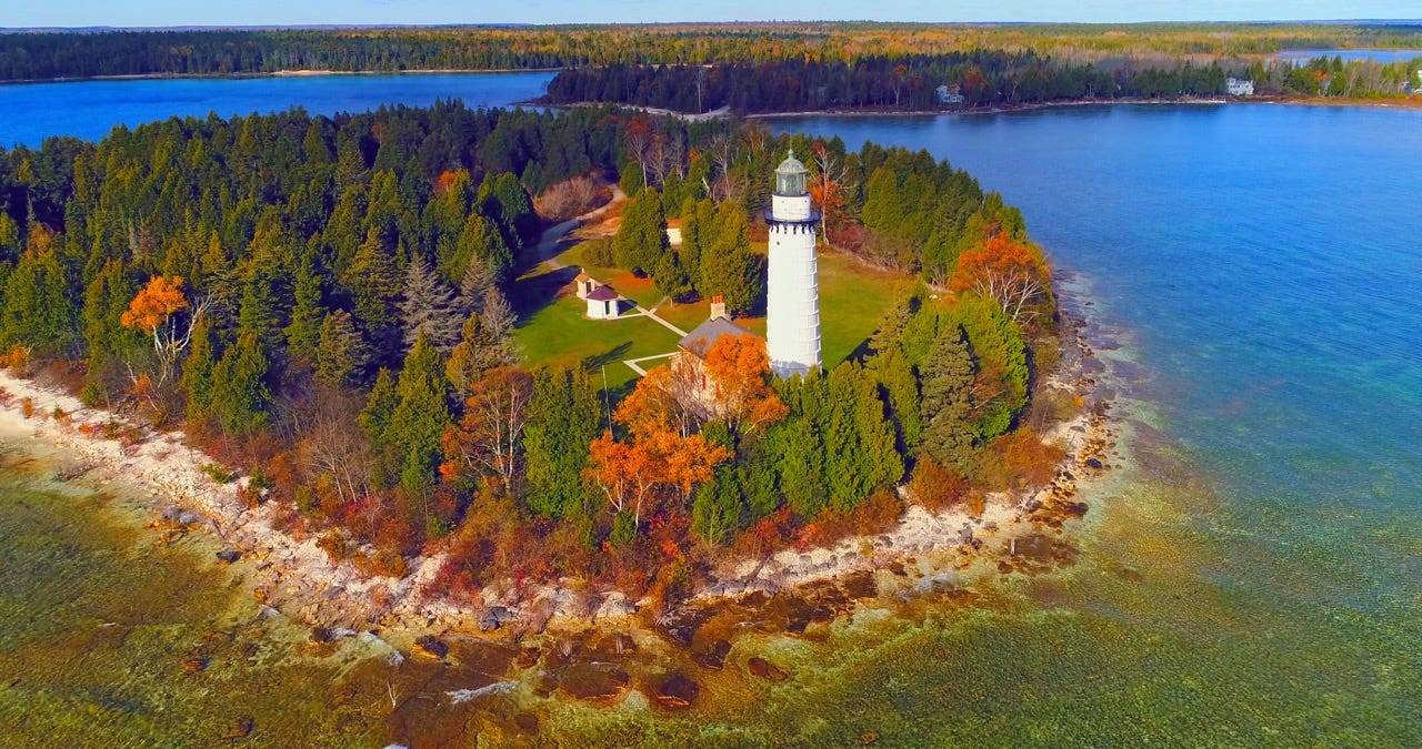 Aerial of Scenic Cana Island Lighthouse, Door County, Wisconsin