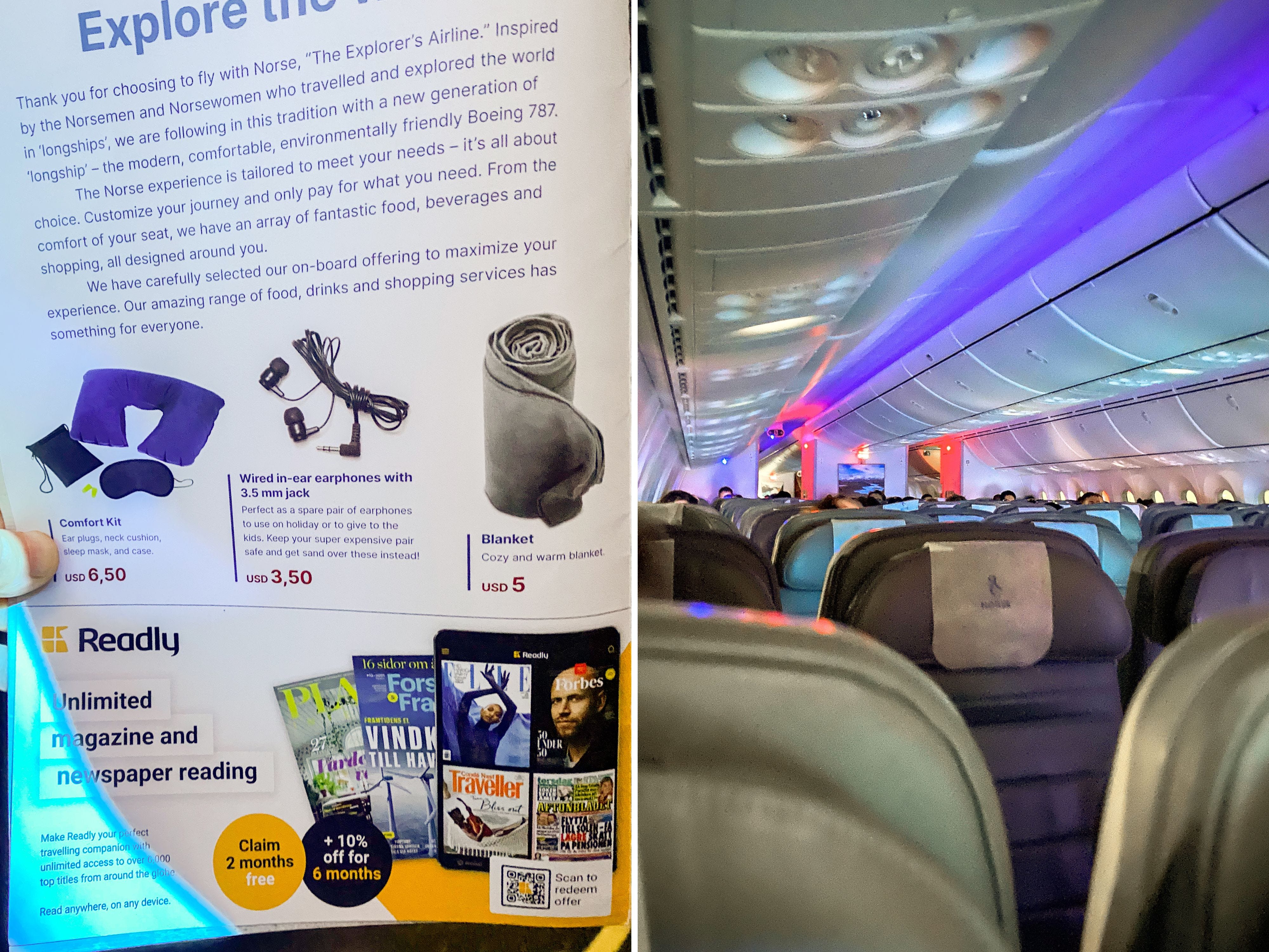 A composite image of an amenities menu on a flight and a plane cabin at night