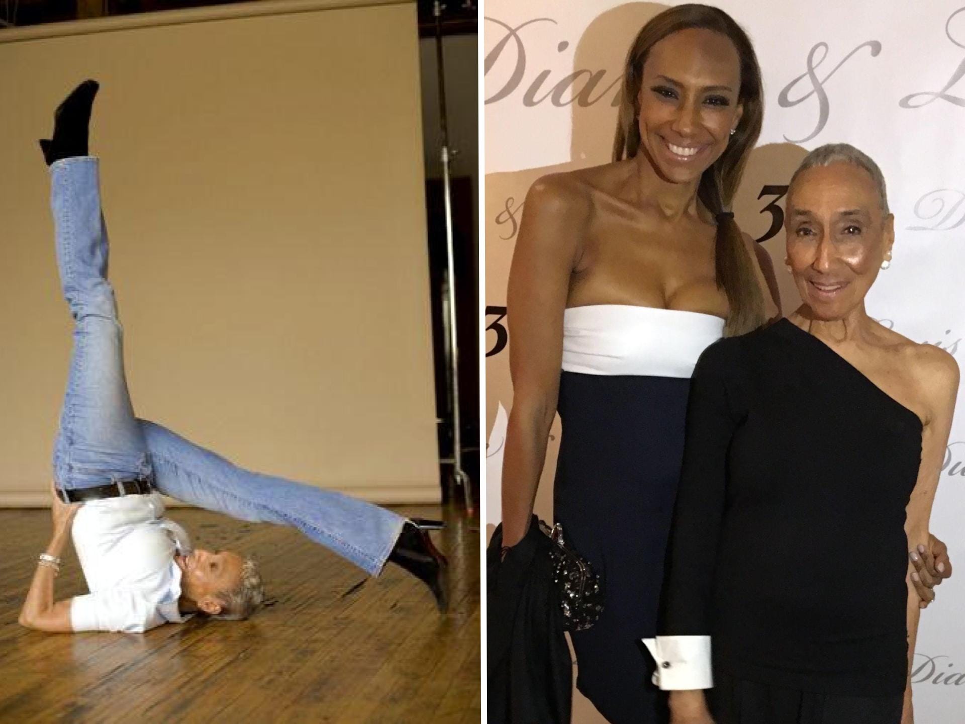 Two images: one showing Millie doing an upside-down stretch on the ground while on her shoulders, and another showing Millie with her daughter.