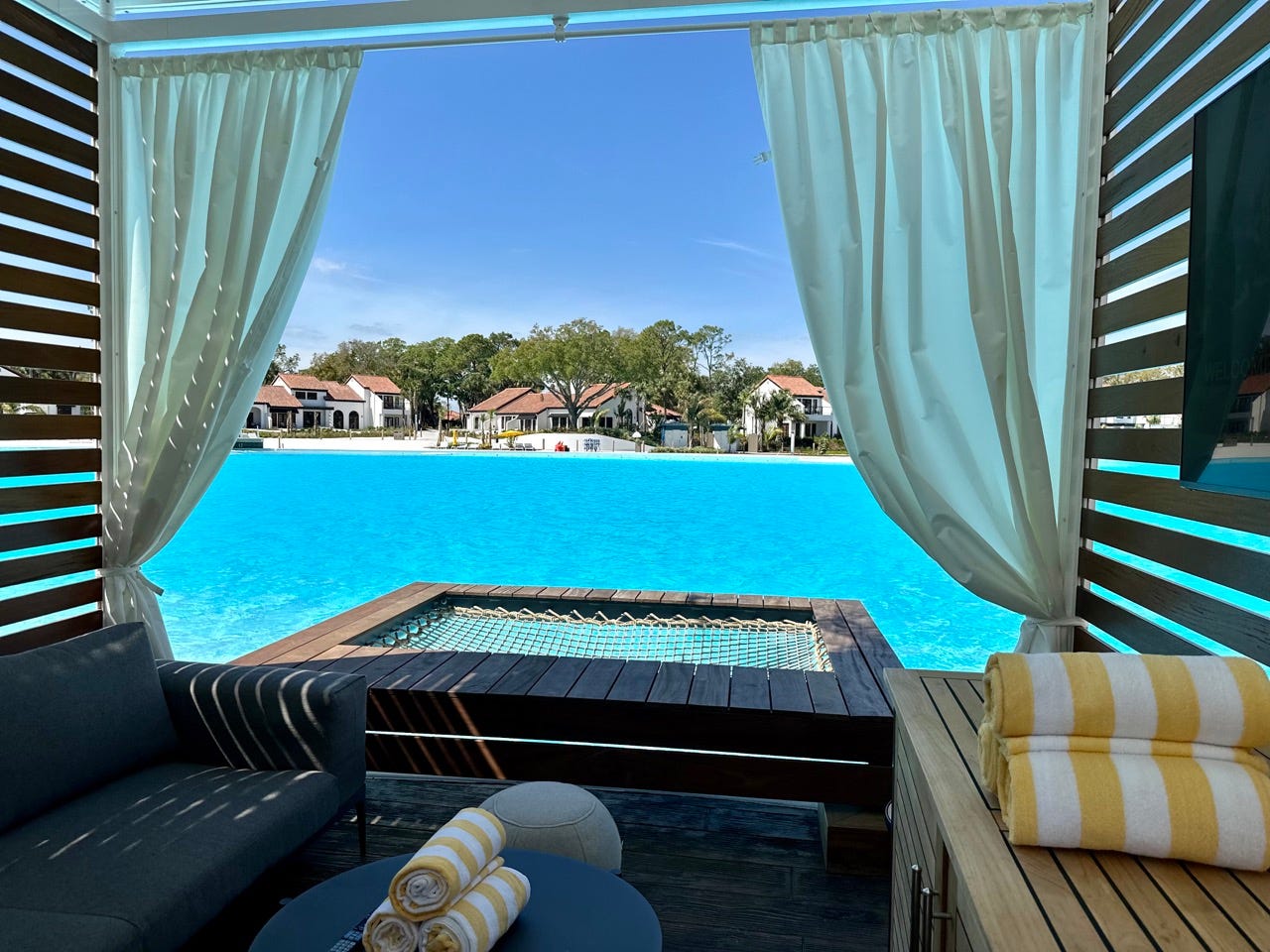View from cabana area of blue waters at Evermore