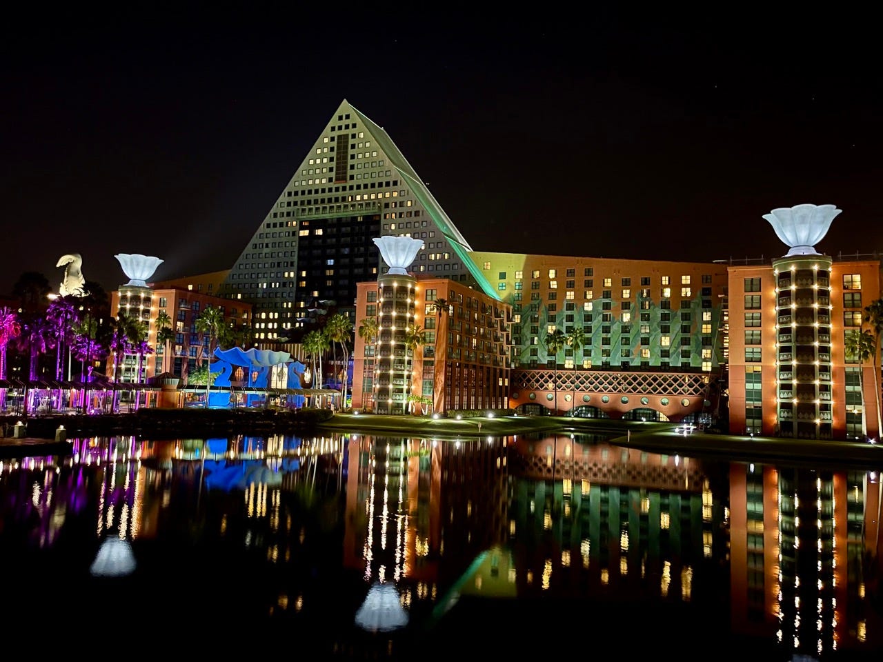 Swan and Dolphin hotel lit up at night