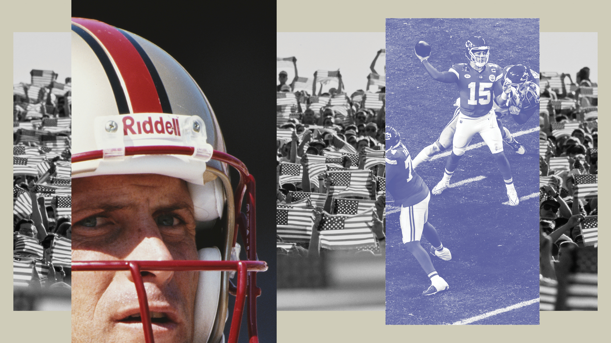 In a photo collage, there is a quarterback looking out at another quarterback throwing a ball on a field with American flags behind him