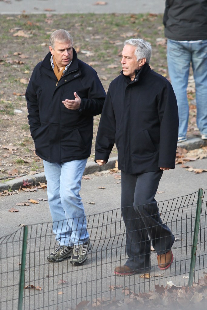 Prince Andrew in a black jacket and jeans, Jeffrey Epstein in a black jacket and black pants.