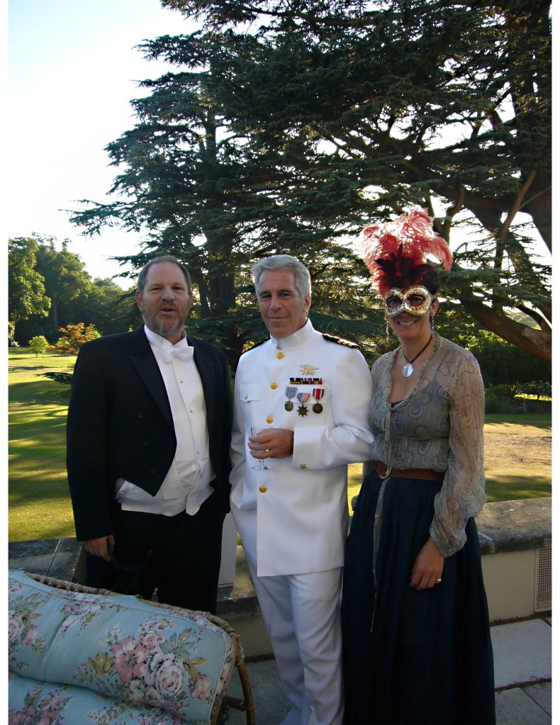 Harvey Weinstein in tails, Jeffrey Epstein in a white military uniform and Ghislaine Maxwell in a masquerade mask, sheer shirt and dark skirt.