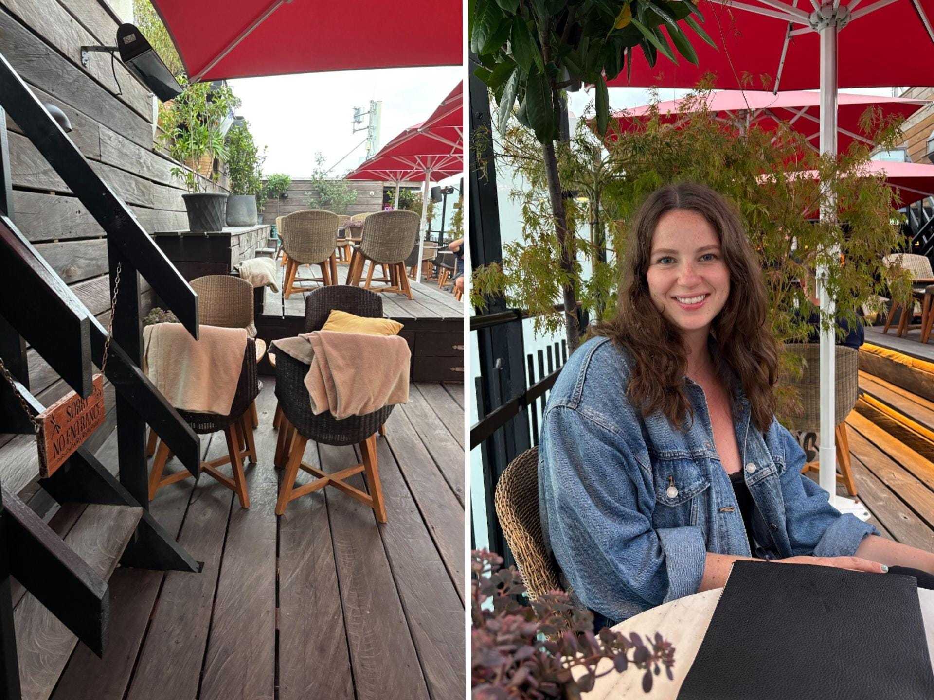 A side-by-side of a rooftop restaurant and a woman with brown hair sitting at one of the tables on the rooftop.