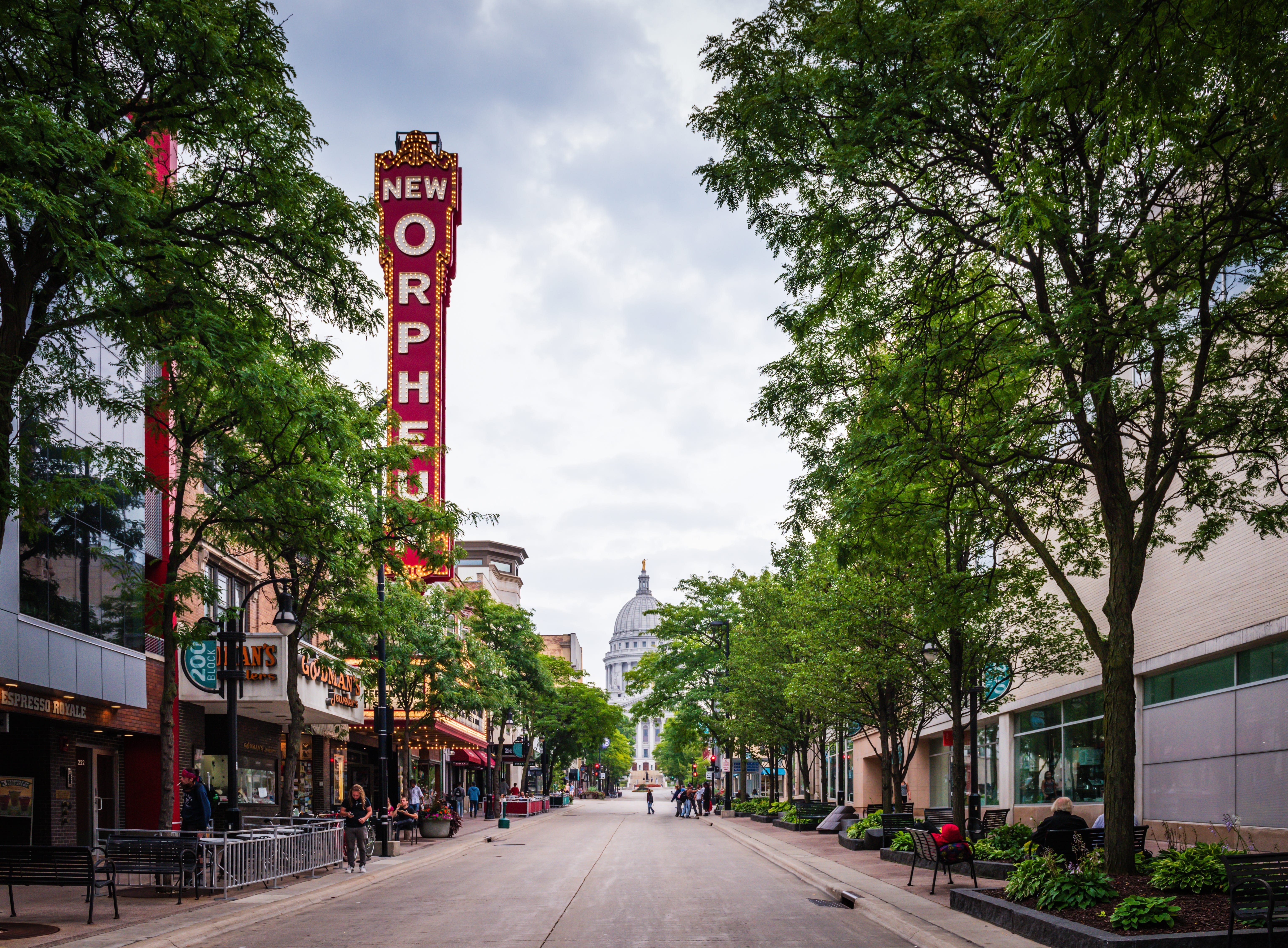 Street view in Madison, Wisconsin, with view of New Orpheus theater