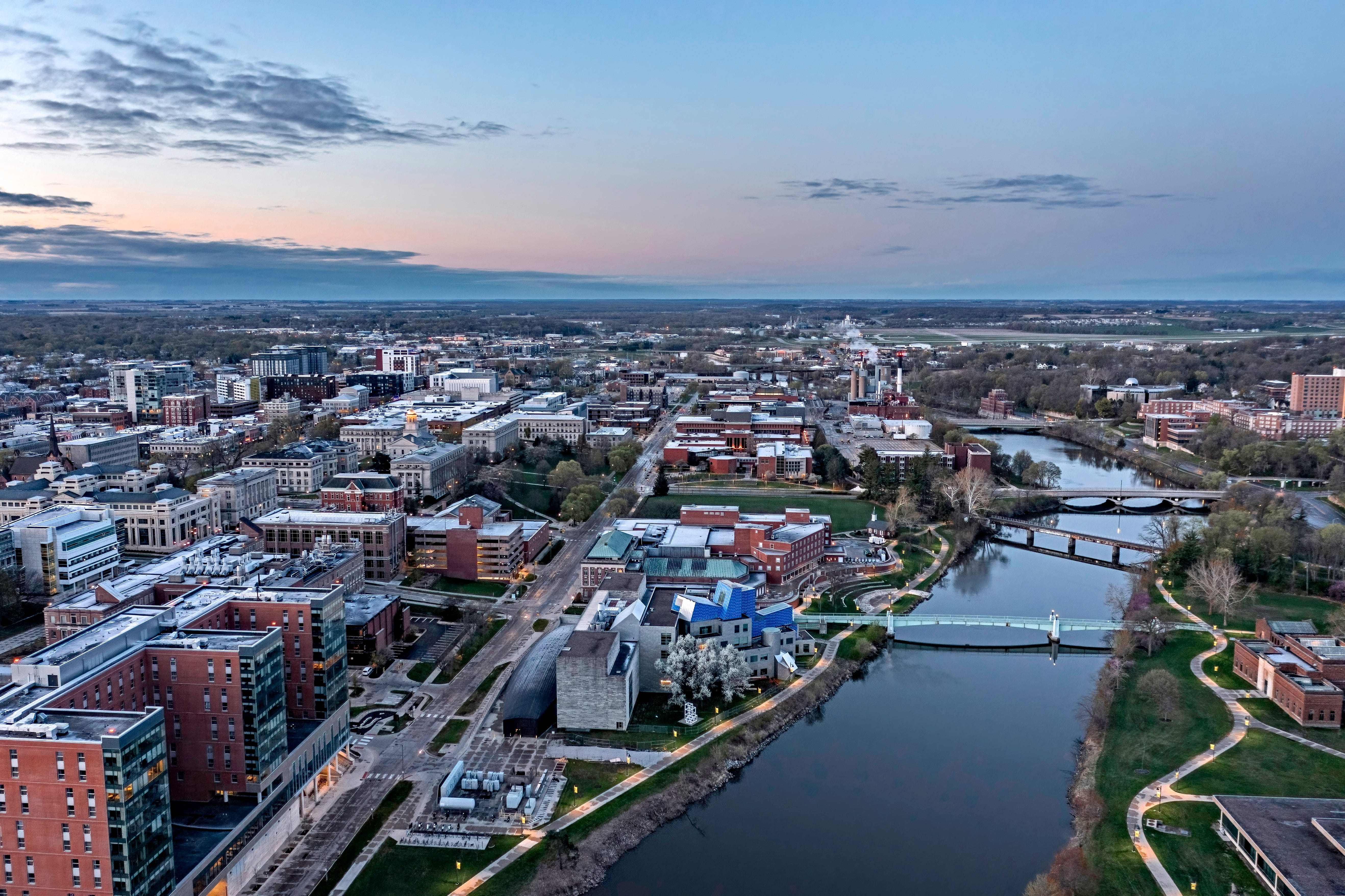 Aerial view of Iowa City at dusk