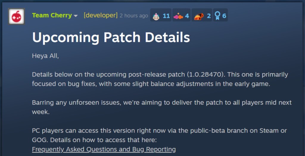 Hollow Knight Silksong Patch Announced