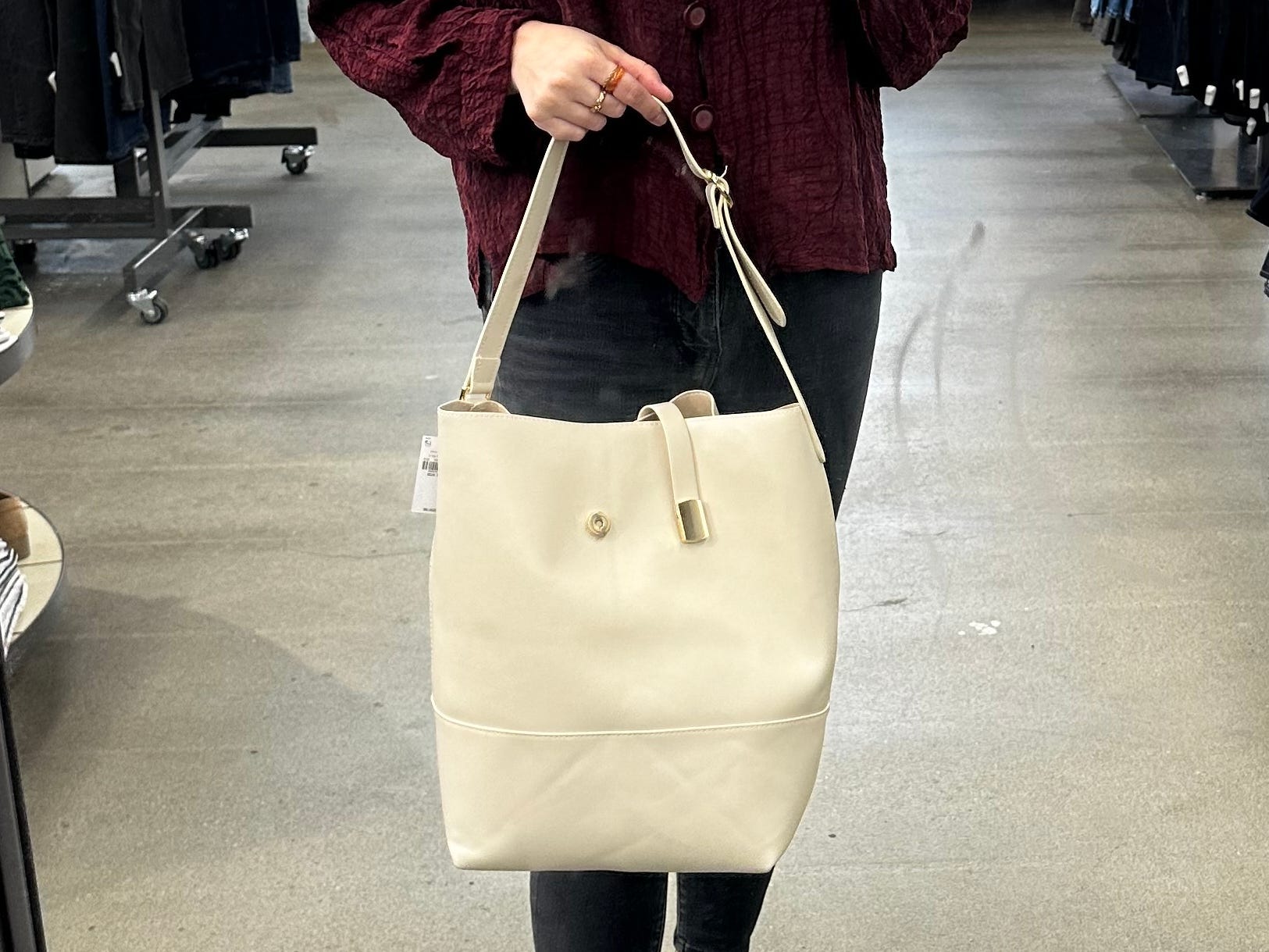 The Large Preppy Bucket bag in Taupe from Old Navy.