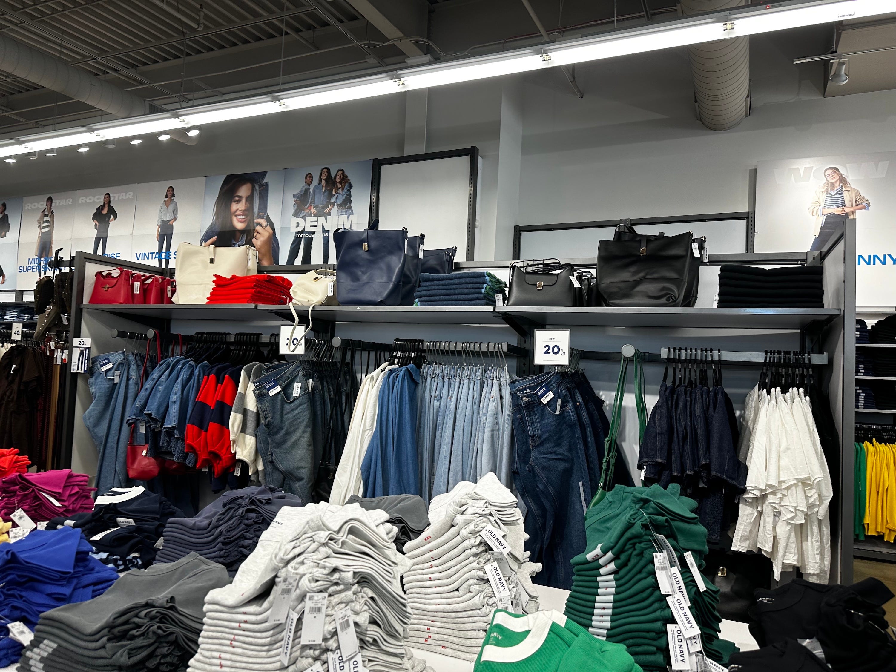 Bags and clothes are displayed inside an Old Navy store in Paramus, New Jersey.