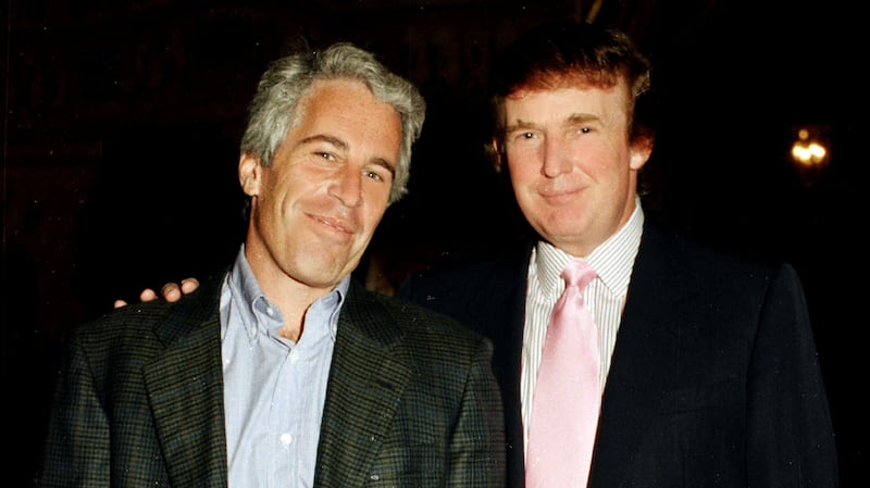 Portrait of American financier Jeffrey Epstein (left) and real estate developer Donald Trump as they pose together at the Mar-a-Lago estate, Palm Beach, Florida, 1997.(Photo by Davidoff Studios/Getty Images)