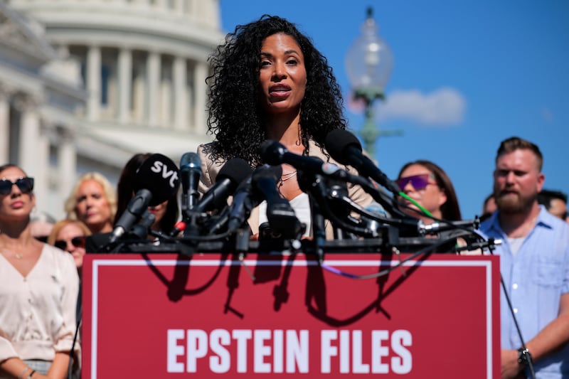 Lisa Phillips speaks during a news conference with fellow alleged victims of disgraced financier and sex trafficker Jeffrey Epstein outside the U.S. Capitol on September 03, 2025 in Washington, DC.