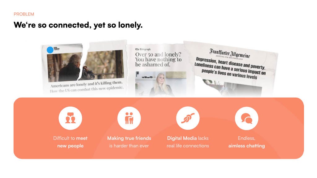 We're so connected, yet so lonely.
Difficult to meet new people
Making true friends is harder than ever
Digital Media lacks real life connections
Endless, aimless chatting