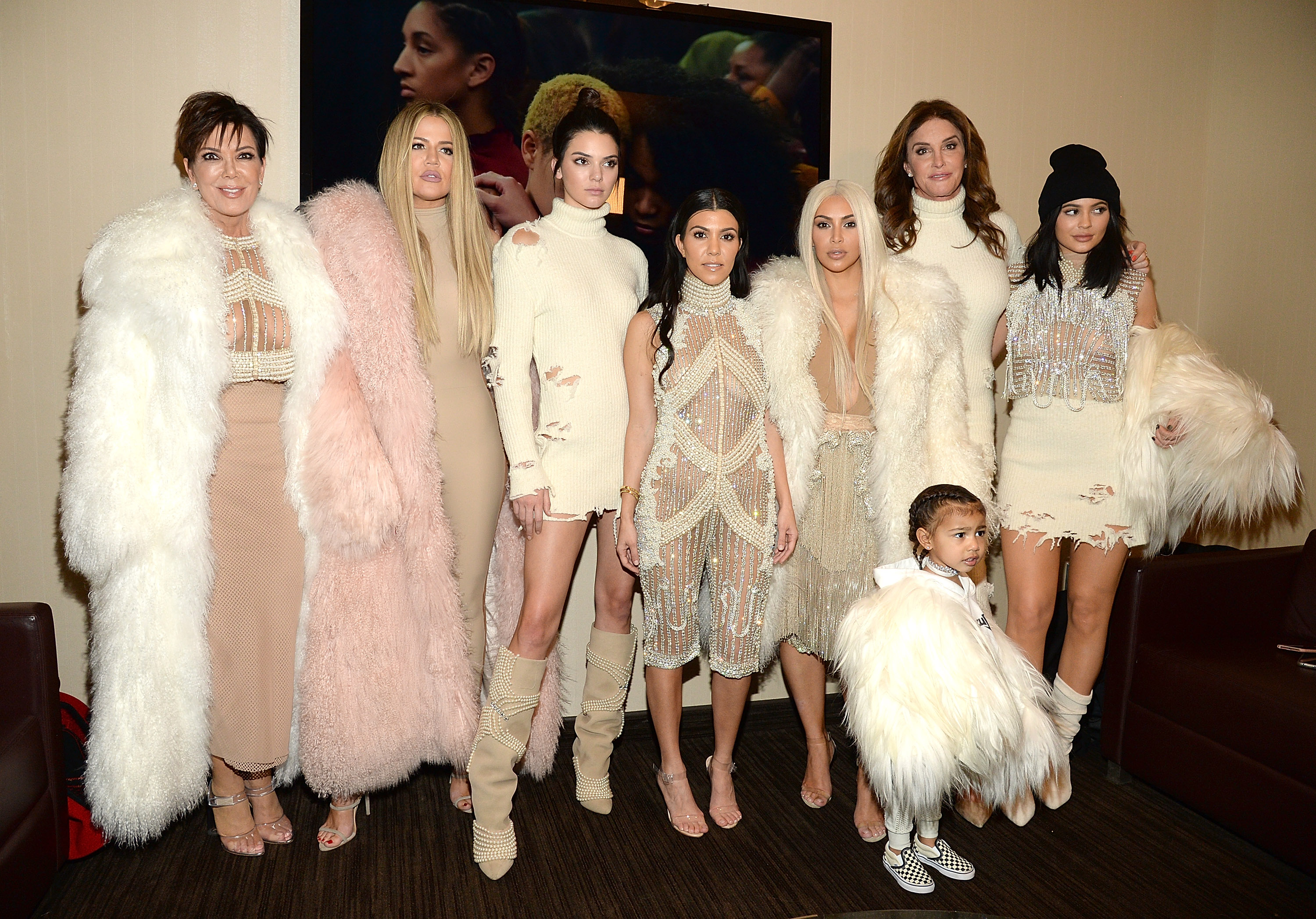 Khloe Kardashian, Kris Jenner, Kendall Jenner, Kourtney Kardashian, Kim Kardashian West, North West, Caitlyn Jenner and Kylie Jenner attend Kanye West Yeezy Season 3 at Madison Square Garden.