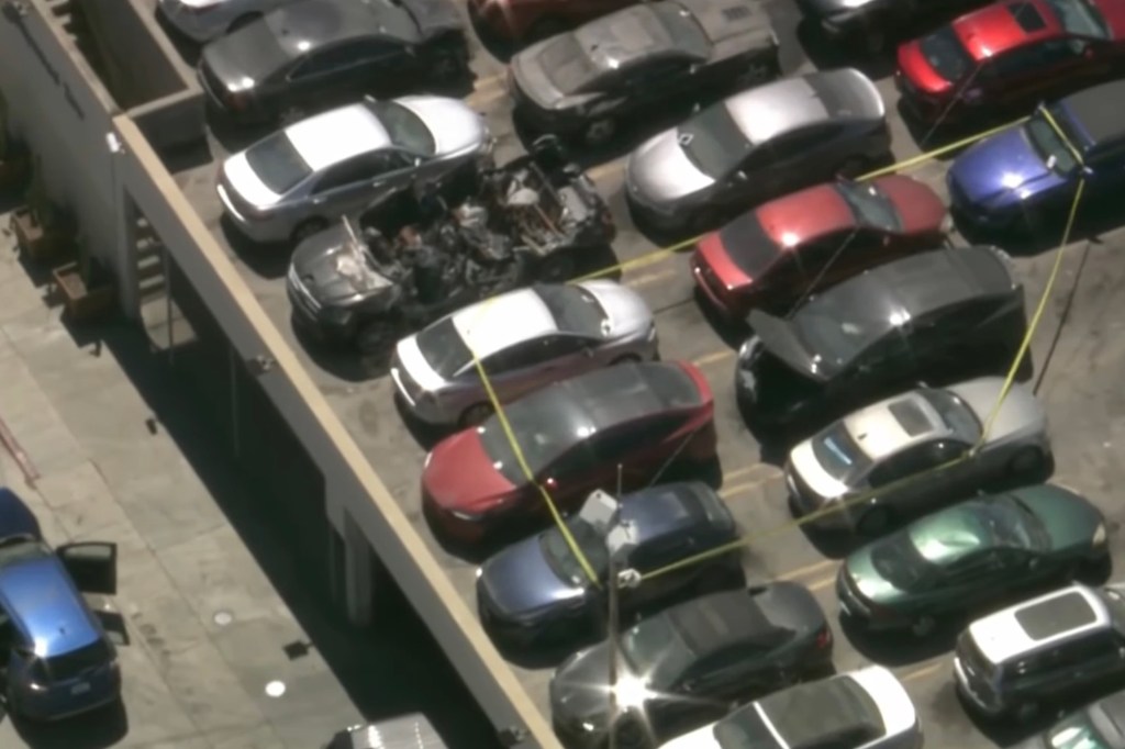 Aerial view of two cars in a tow yard marked with police tape; two bodies were found inside.