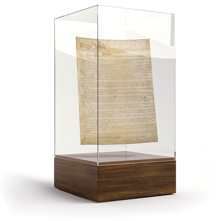 Illustration with the Constitution suspended preserved inside a glass museum case on a square wooden base