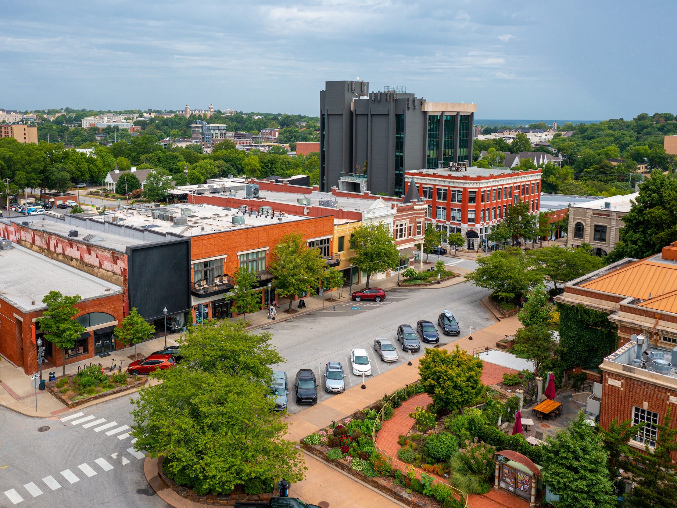 An aerial shot of downtown Fayetteville, Arkansas.