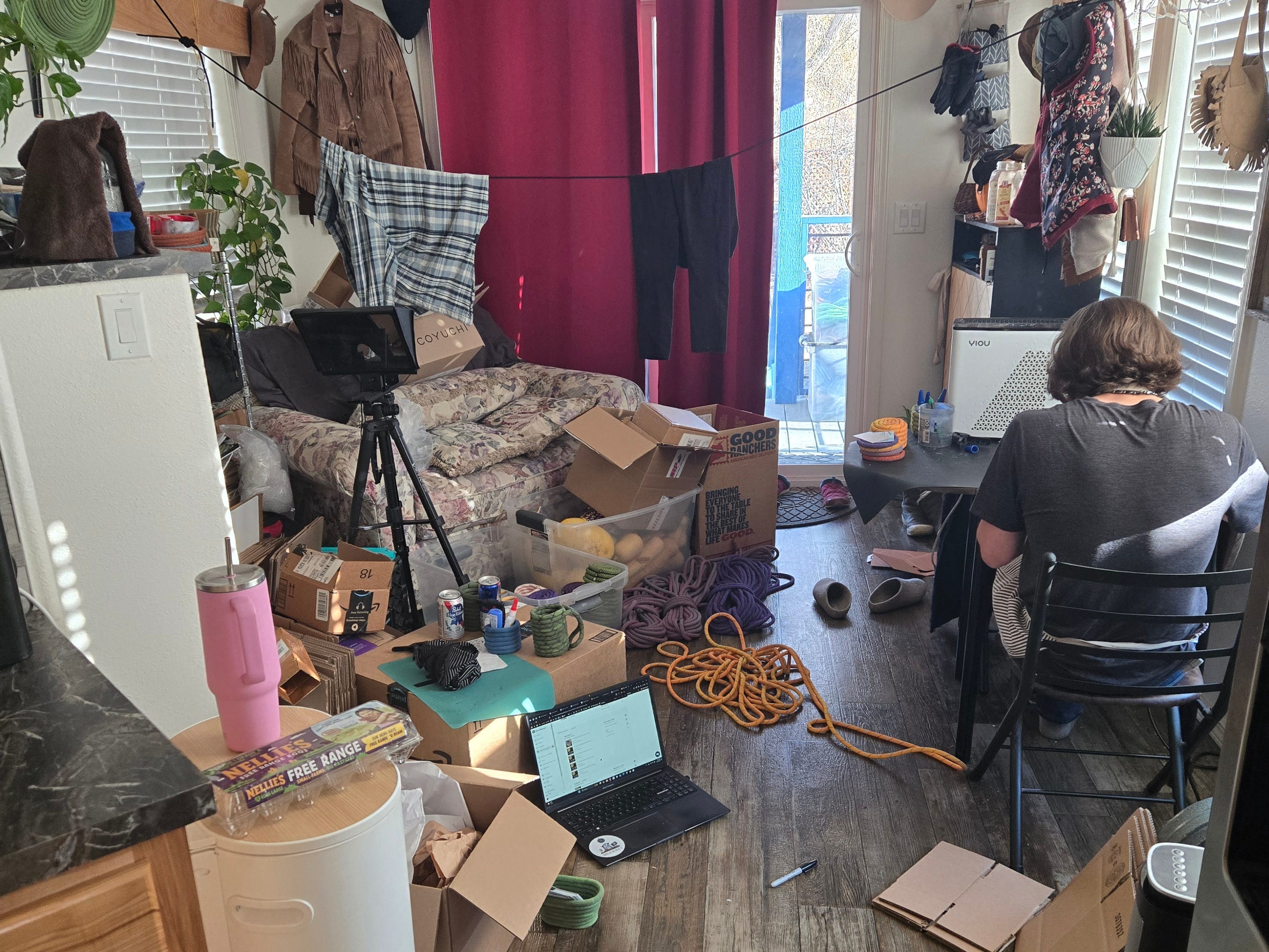 Clutter on floor of tiny home