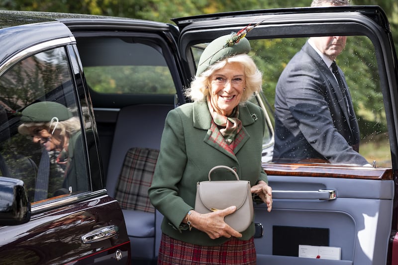 Queen Camilla arrives to attend a Sunday church service at Crathie Kirk, near Balmoral on September 7, 2025 in Crathie, Aberdeenshire.
