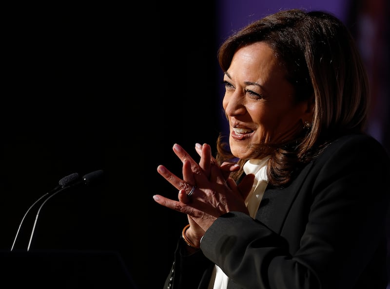 Former U.S. Vice President Kamala Harris delivers a keynote address on April 30, 2025 in San Francisco, California.