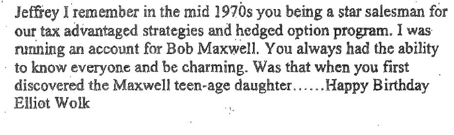 A letter that Elliot Wolk wrote to Jeffrey Epstein for his 50th Birthday Book.