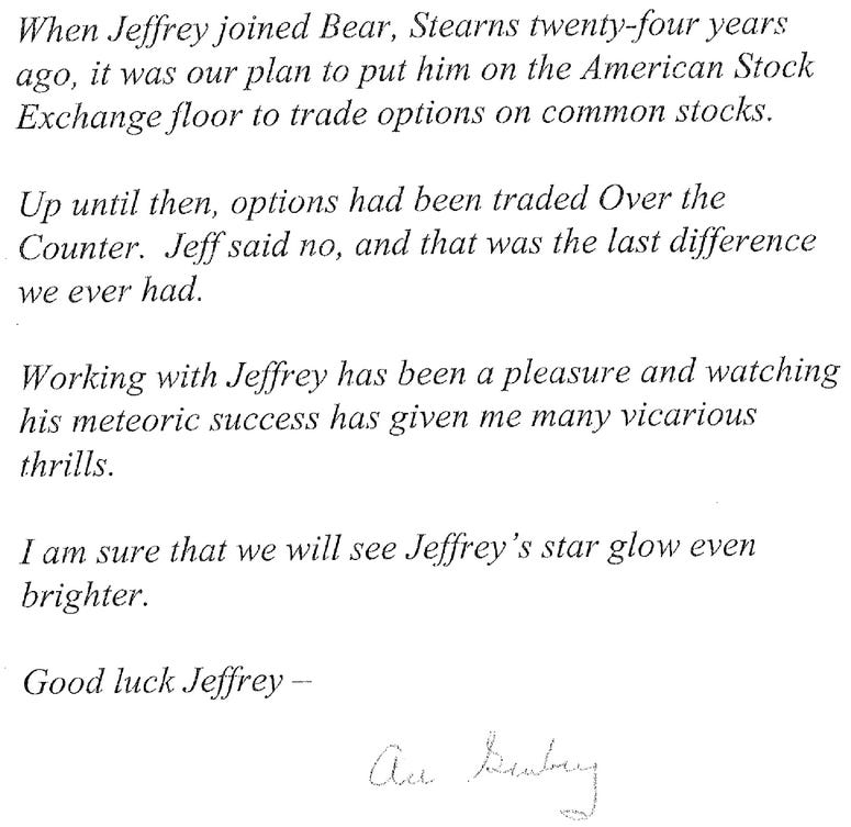 A letter that Alan "Ace" Greenberg wrote to Jeffrey Epstein for his 50th Birthday Book.