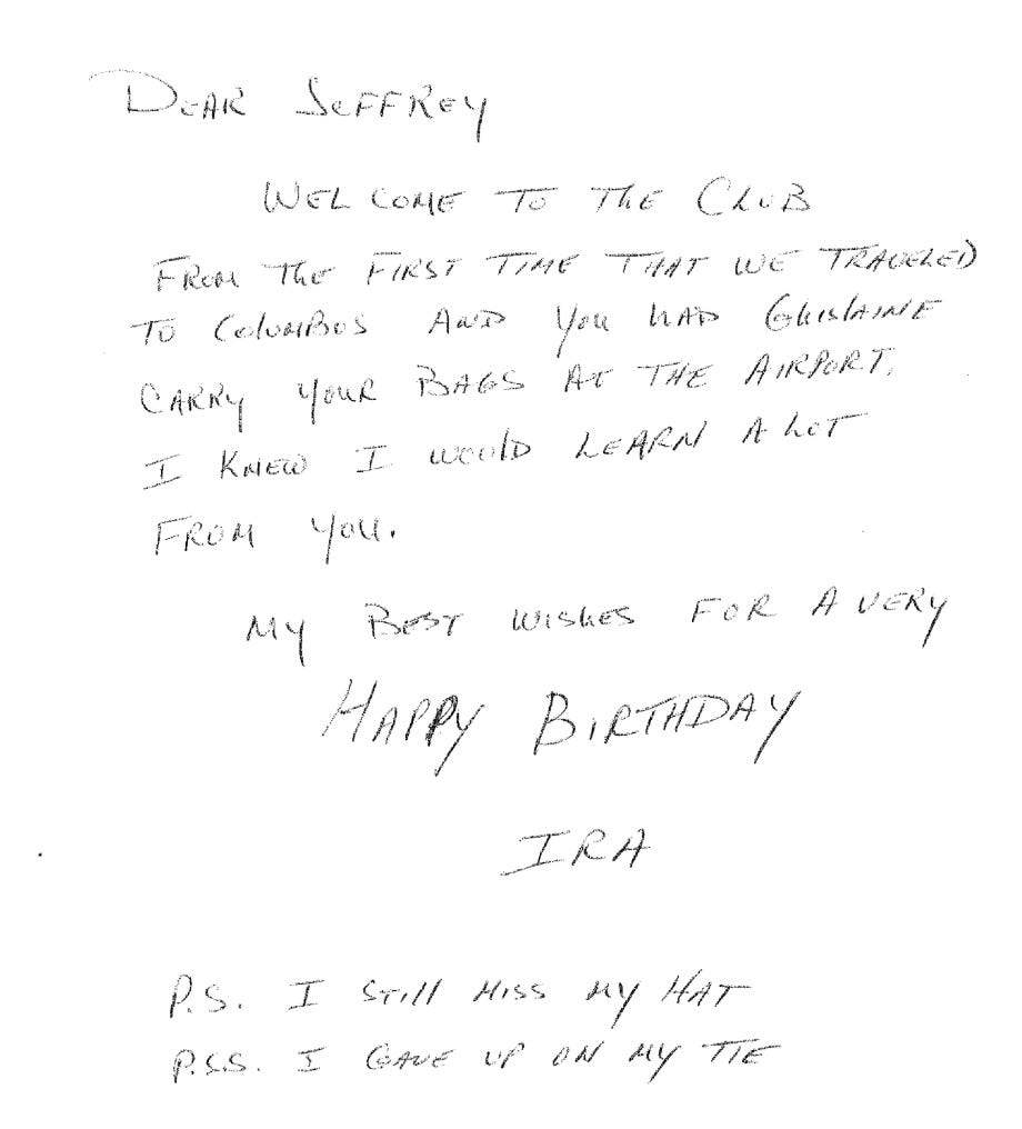 A letter that Ira Zicherman wrote to Jeffrey Epstein for his 50th Birthday Book.