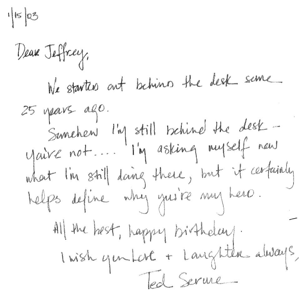 A letter that Ted Serure wrote to Jeffrey Epstein for his 50th Birthday Book.