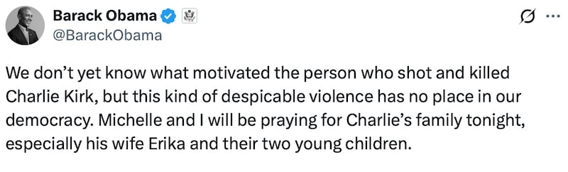 Barack Obama's tribute to Charlie Kirk on X.