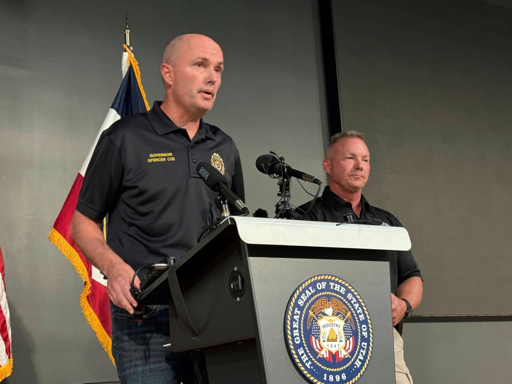 Utah Governor Spencer Cox and Utah Valley University Chief of Police Jeff Long at a press conference.