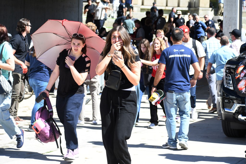 People evacuating after a shooting at a Utah Valley University event.