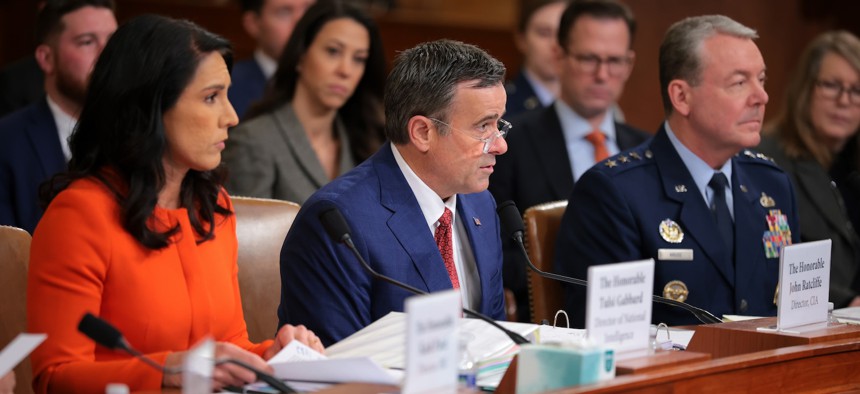 Director of National Intelligence Tulsi Gabbard, Central Intelligence Agency Director John Ratcliffe, and Defense Intelligence Agency Director Jeffrey Kruse during an annual worldwide threats assessment hearing on March 26, 2025, in Washington, DC. 
